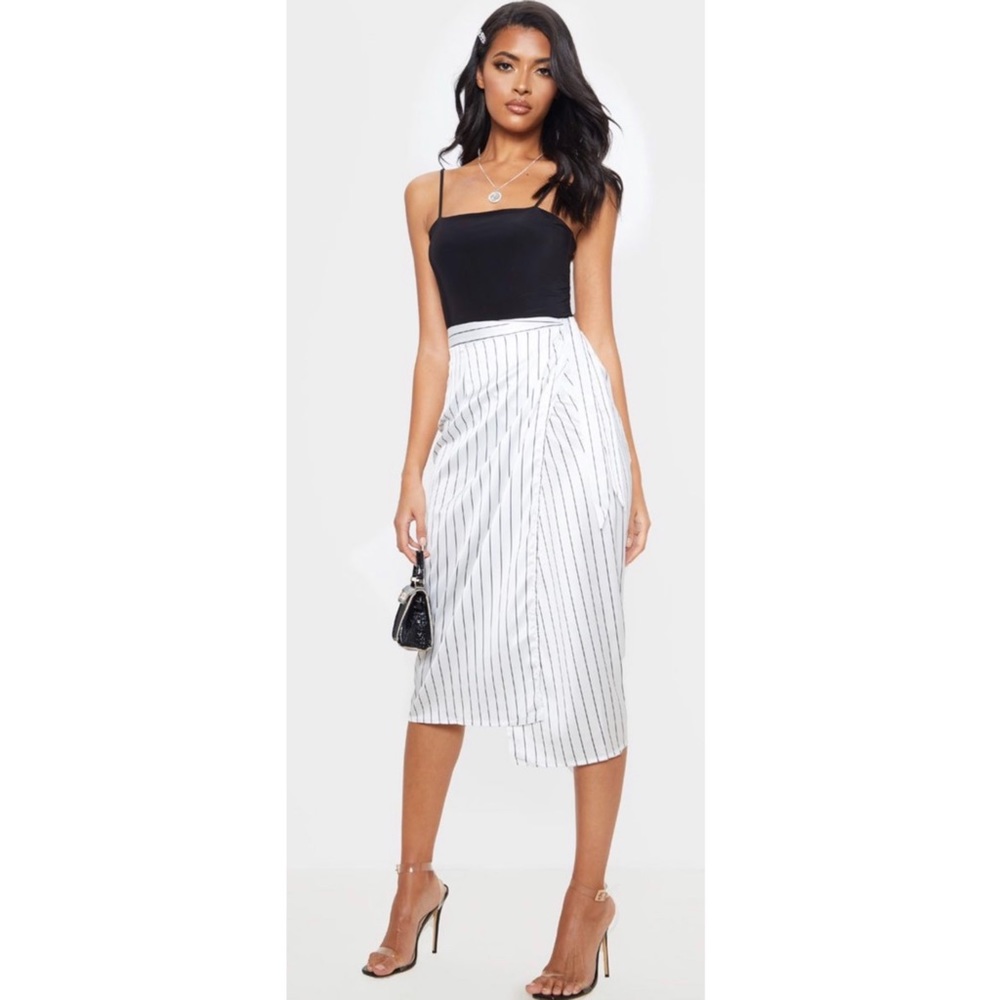 PLT Pinstripe White Satin Wrap Skirt